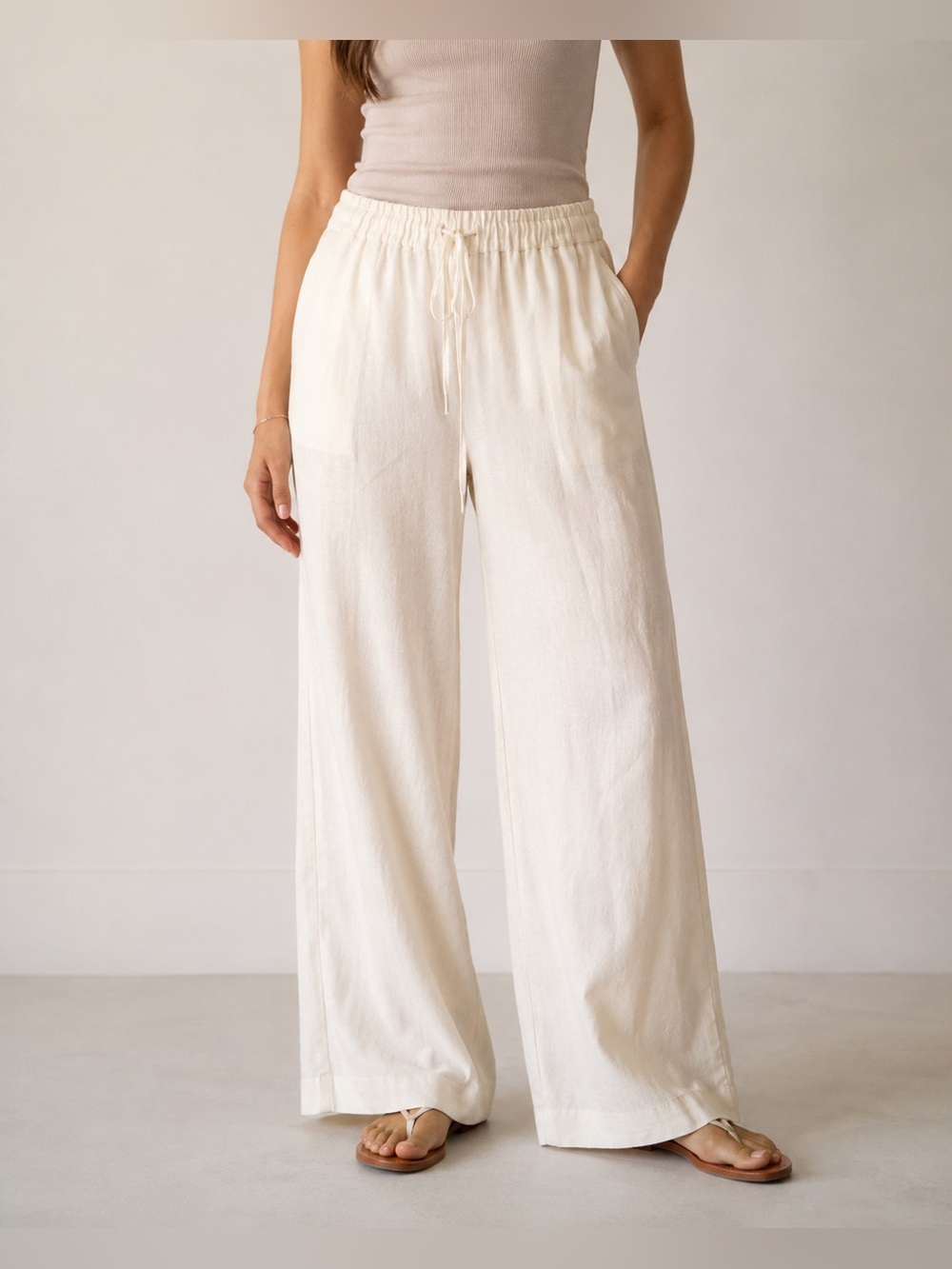 2 Hearts Ivory Linen Blend Wide Leg Drawstring Pants Size M